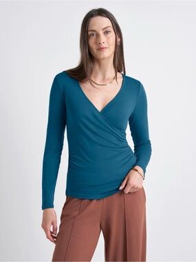 Kettlewell Teal Faux Wrap Long Sleeve Top Size Large